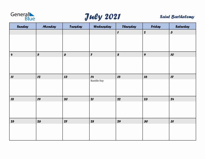 July 2021 Calendar with Holidays in Saint Barthelemy