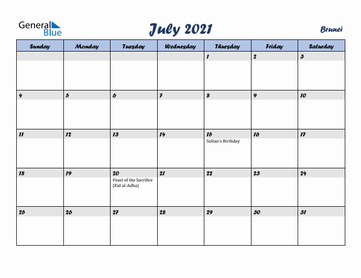 July 2021 Calendar with Holidays in Brunei