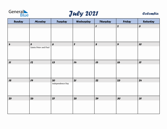 July 2021 Calendar with Holidays in Colombia