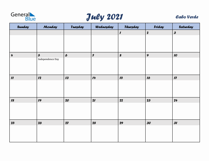July 2021 Calendar with Holidays in Cabo Verde