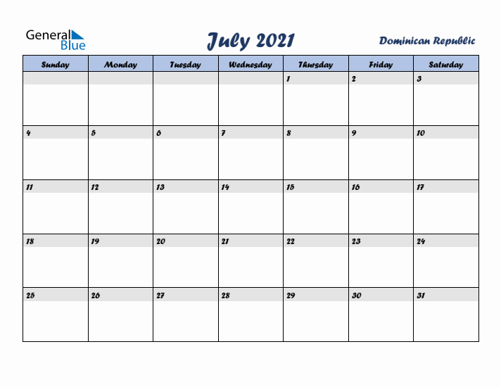 July 2021 Calendar with Holidays in Dominican Republic