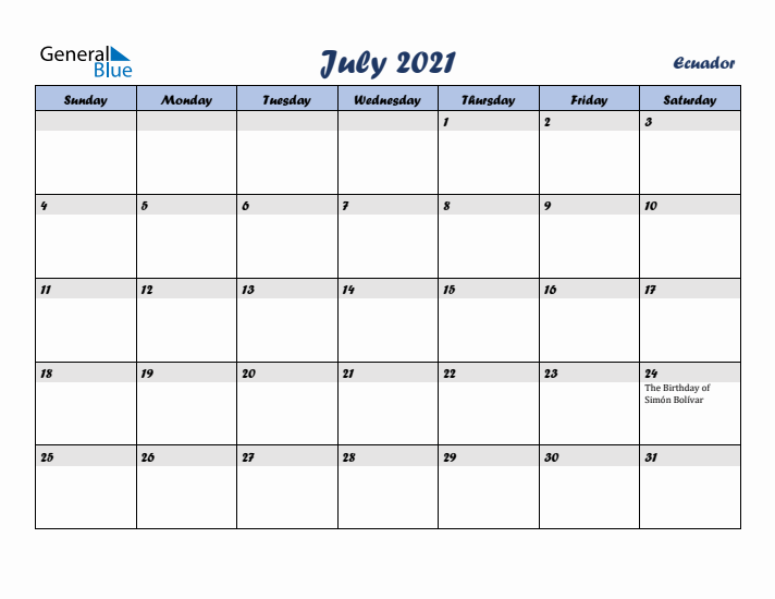 July 2021 Calendar with Holidays in Ecuador