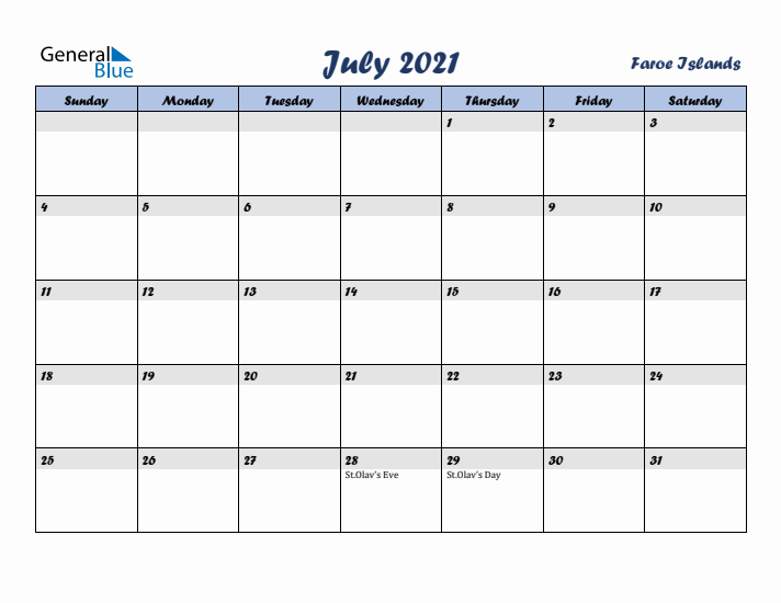 July 2021 Calendar with Holidays in Faroe Islands