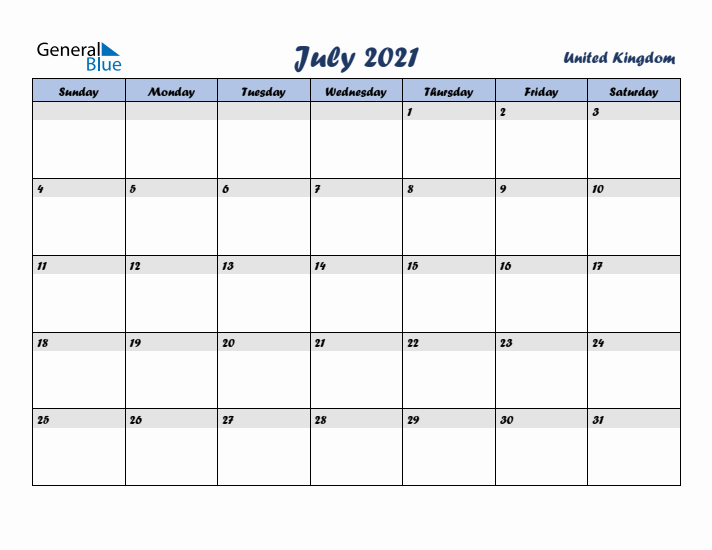 July 2021 Calendar with Holidays in United Kingdom