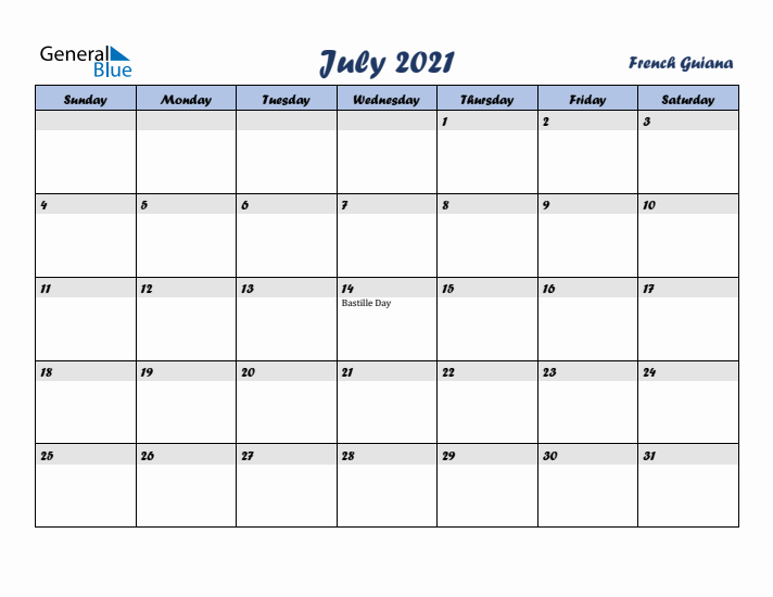 July 2021 Calendar with Holidays in French Guiana