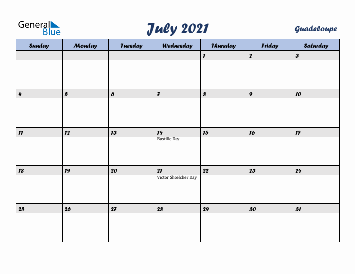 July 2021 Calendar with Holidays in Guadeloupe