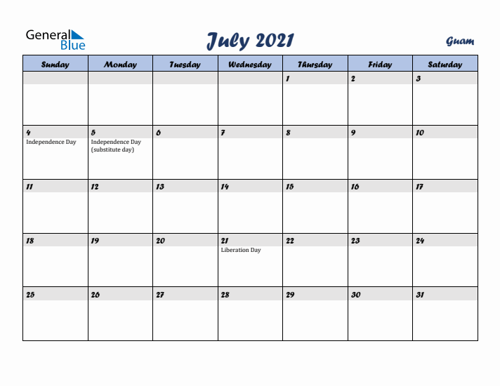 July 2021 Calendar with Holidays in Guam