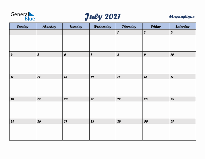 July 2021 Calendar with Holidays in Mozambique