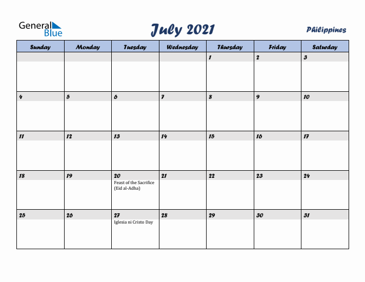 July 2021 Calendar with Holidays in Philippines