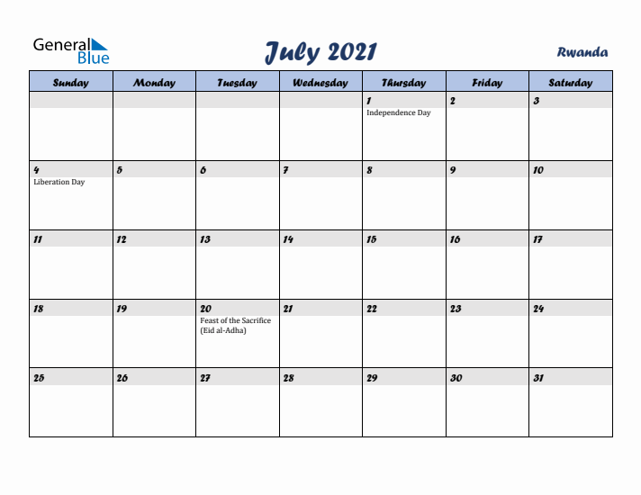July 2021 Calendar with Holidays in Rwanda