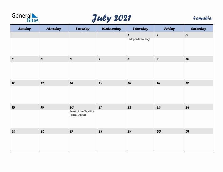July 2021 Calendar with Holidays in Somalia