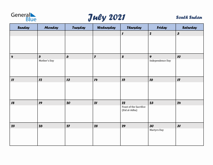 July 2021 Calendar with Holidays in South Sudan