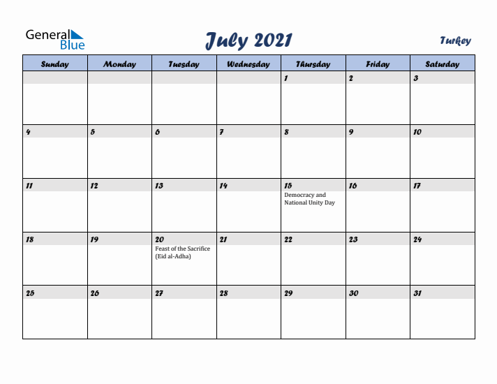 July 2021 Calendar with Holidays in Turkey