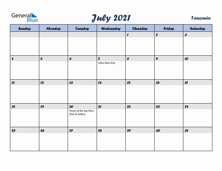 July 2021 Calendar with Holidays in Tanzania