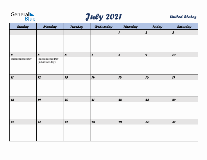 July 2021 Calendar with Holidays in United States