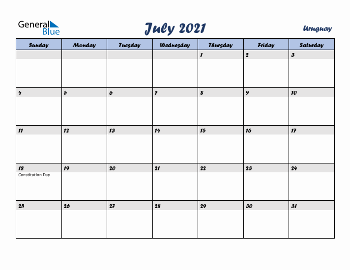July 2021 Calendar with Holidays in Uruguay