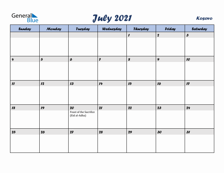 July 2021 Calendar with Holidays in Kosovo