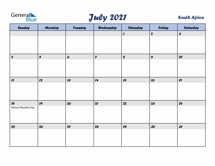 July 2021 Calendar with Holidays in South Africa