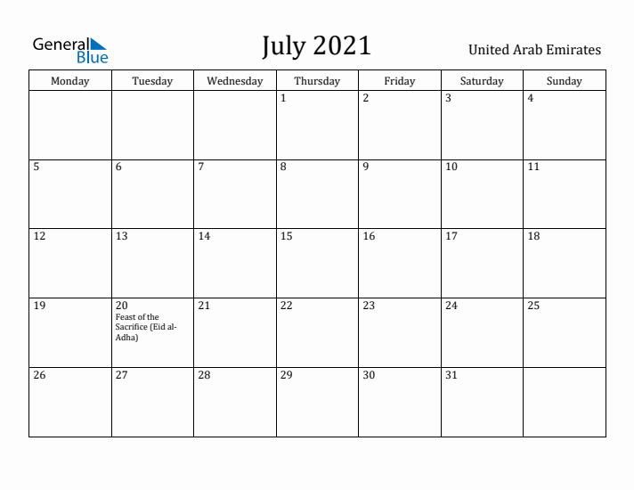 July 2021 Calendar United Arab Emirates