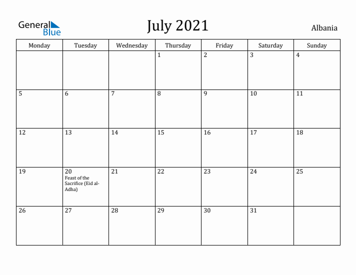 July 2021 Calendar Albania
