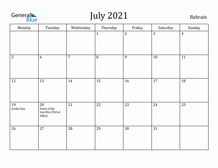 July 2021 Calendar Bahrain