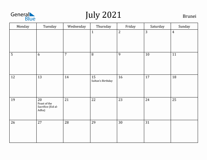 July 2021 Calendar Brunei