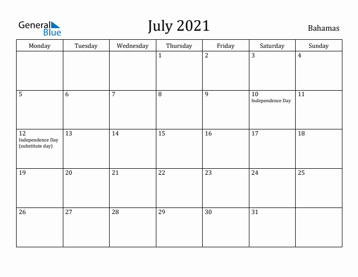 July 2021 Calendar Bahamas