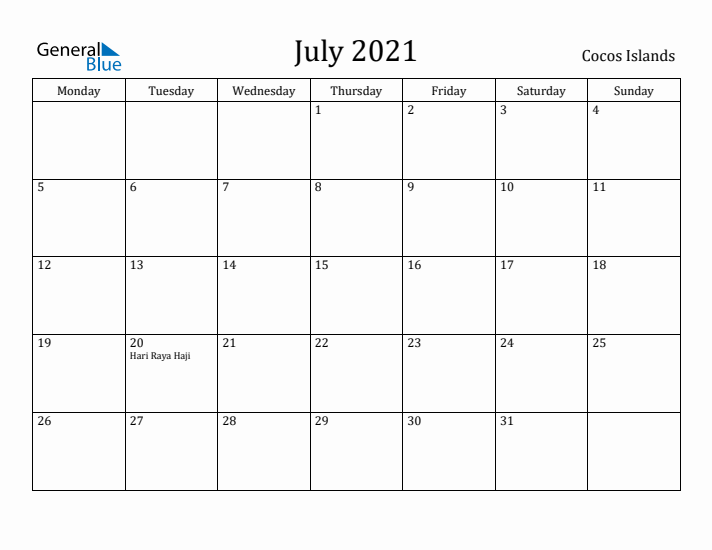 July 2021 Calendar Cocos Islands