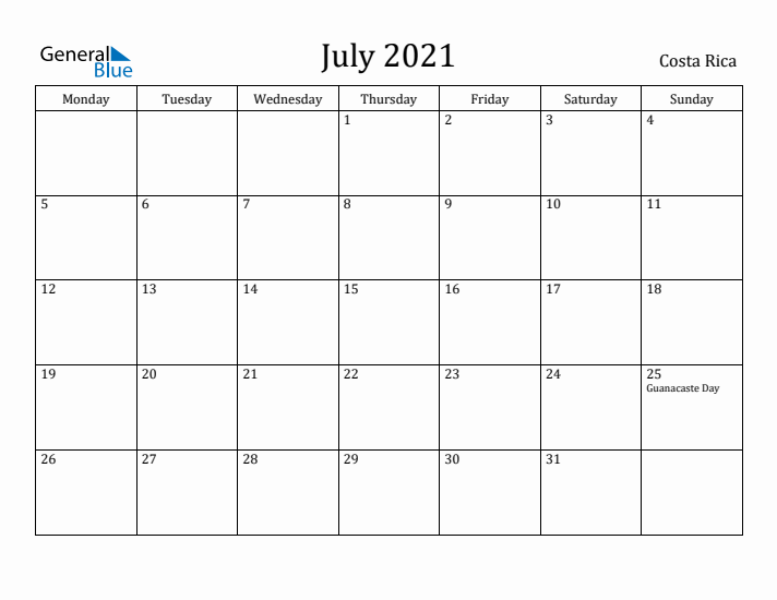 July 2021 Calendar Costa Rica
