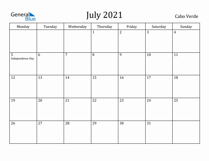 July 2021 Calendar Cabo Verde