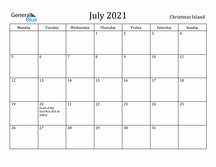 July 2021 Calendar Christmas Island