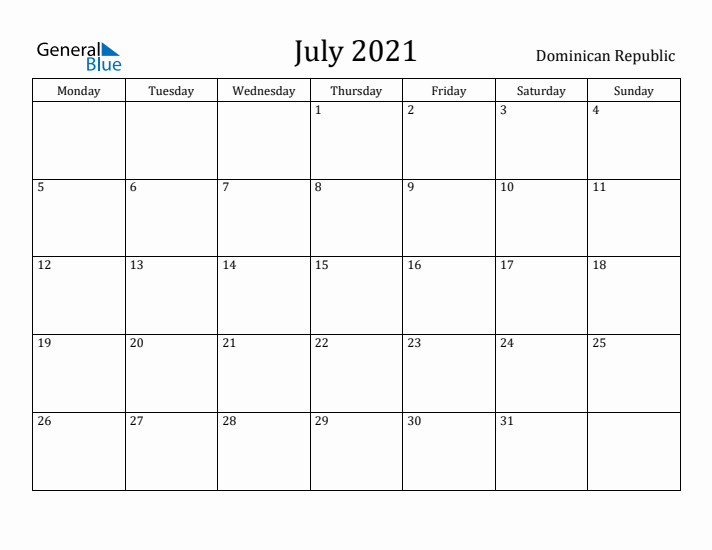 July 2021 Calendar Dominican Republic