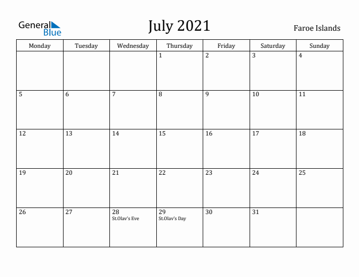 July 2021 Calendar Faroe Islands