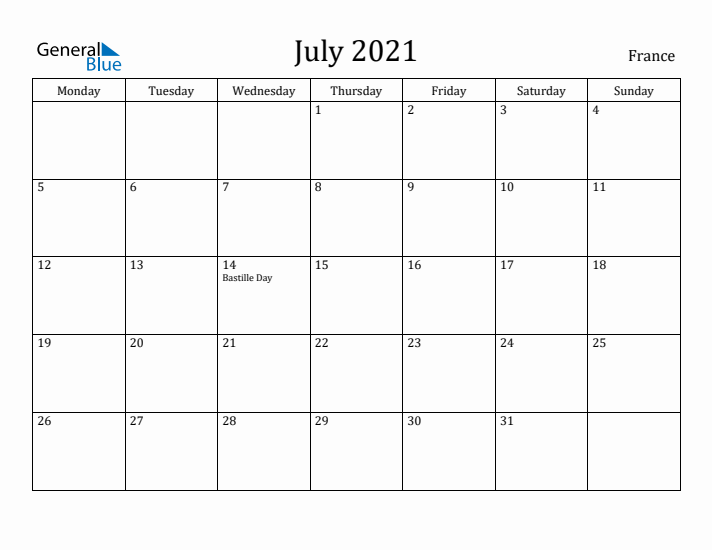 July 2021 Calendar France