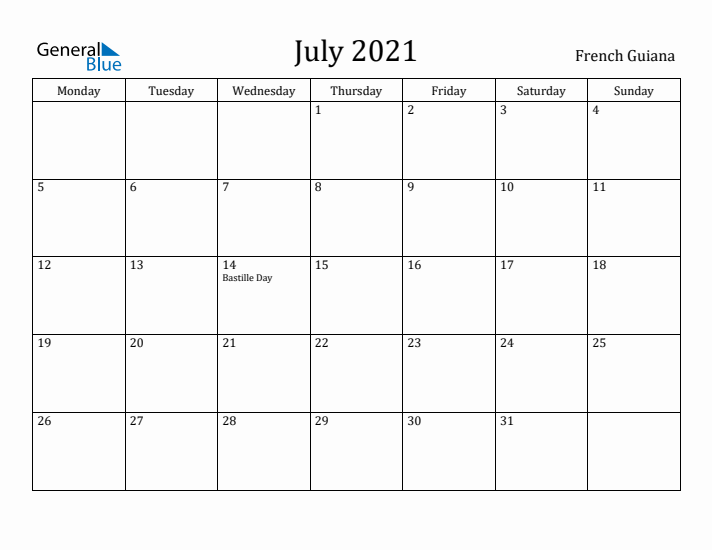 July 2021 Calendar French Guiana