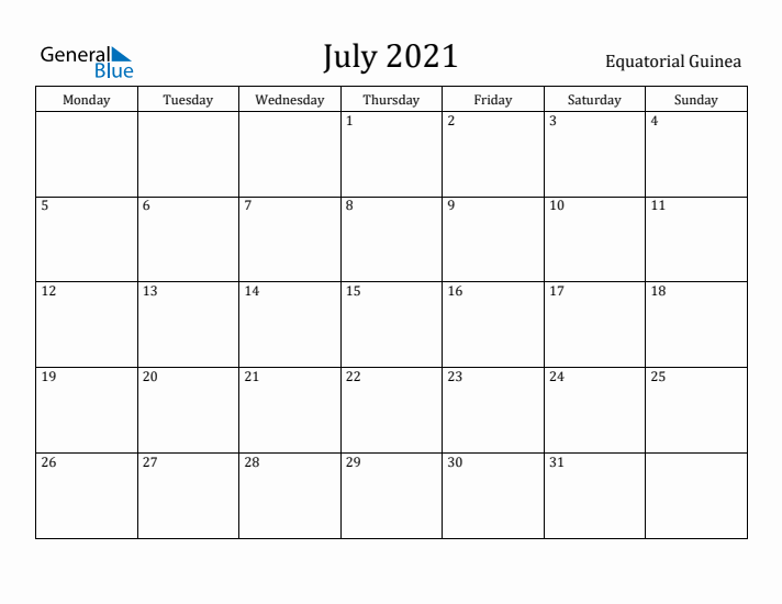 July 2021 Calendar Equatorial Guinea