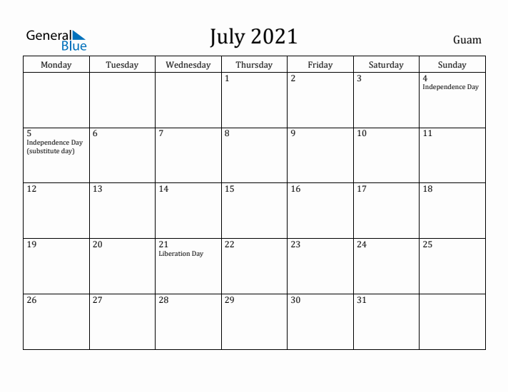 July 2021 Calendar Guam