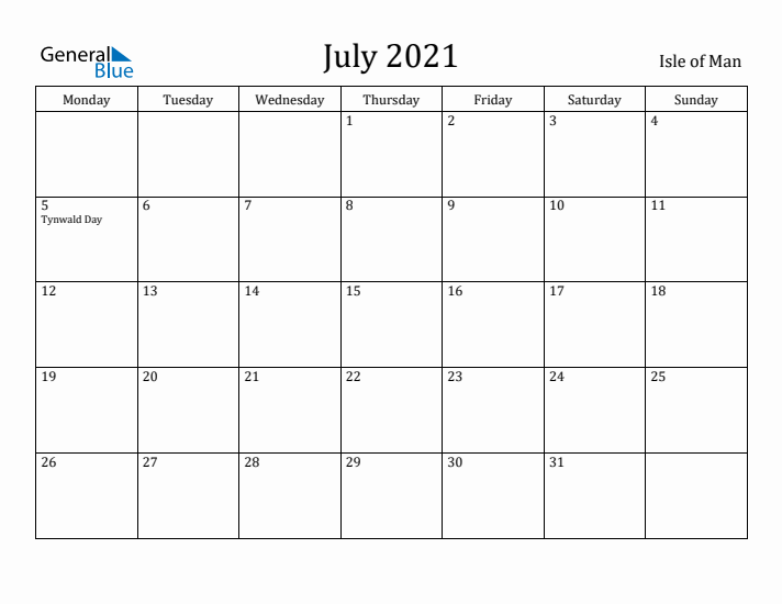 July 2021 Calendar Isle of Man