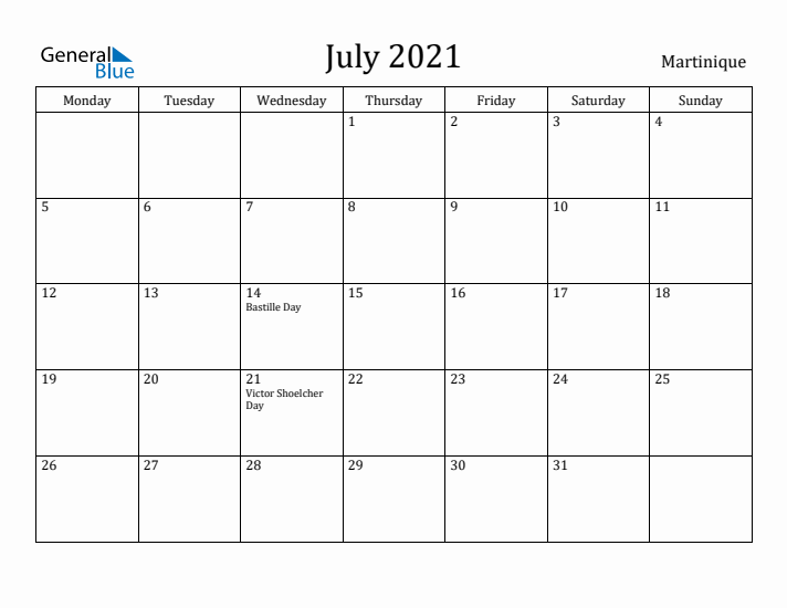 July 2021 Calendar Martinique