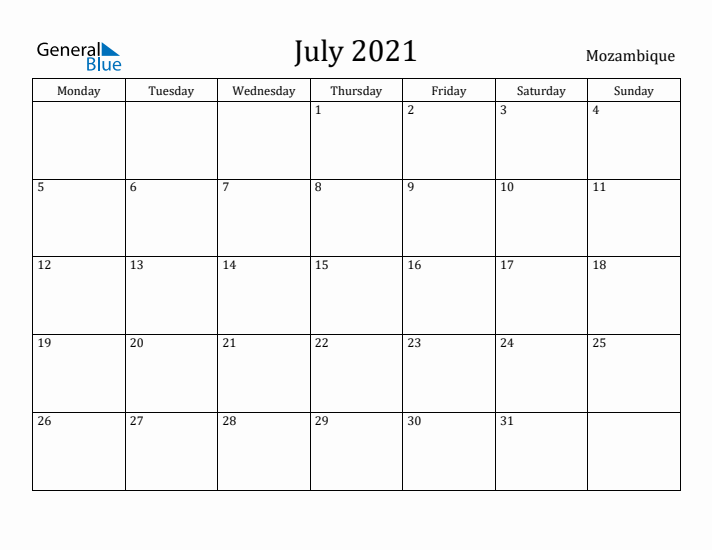 July 2021 Calendar Mozambique