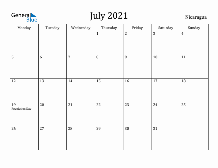 July 2021 Calendar Nicaragua