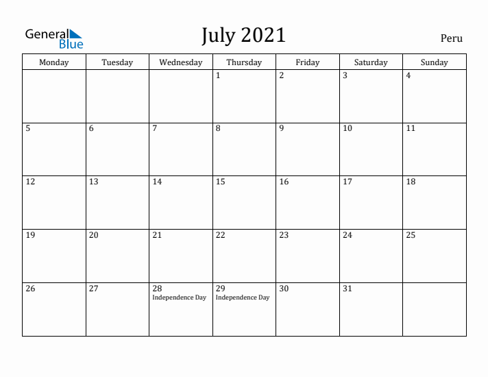 July 2021 Calendar Peru