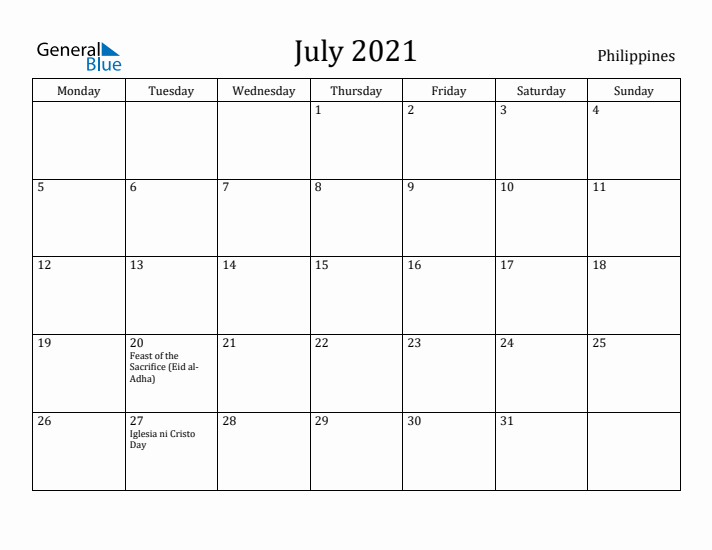 July 2021 Calendar Philippines