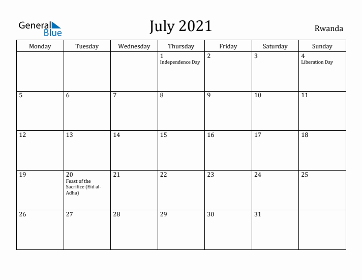 July 2021 Calendar Rwanda