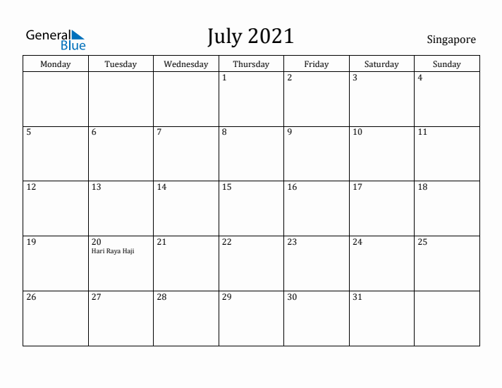 July 2021 Calendar Singapore