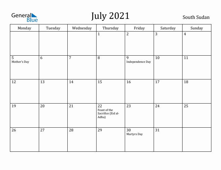 July 2021 Calendar South Sudan
