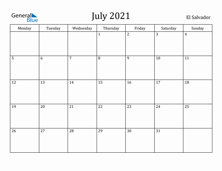 July 2021 Calendar El Salvador