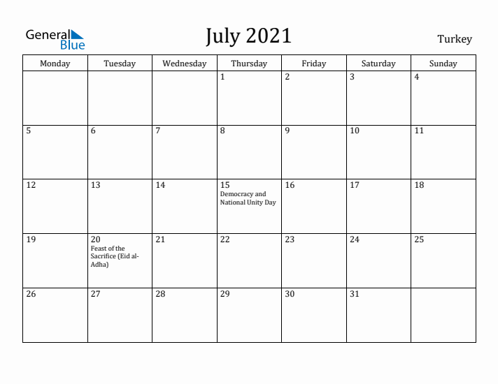 July 2021 Calendar Turkey