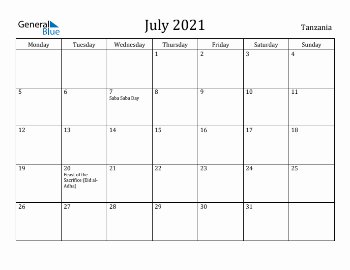 July 2021 Calendar Tanzania
