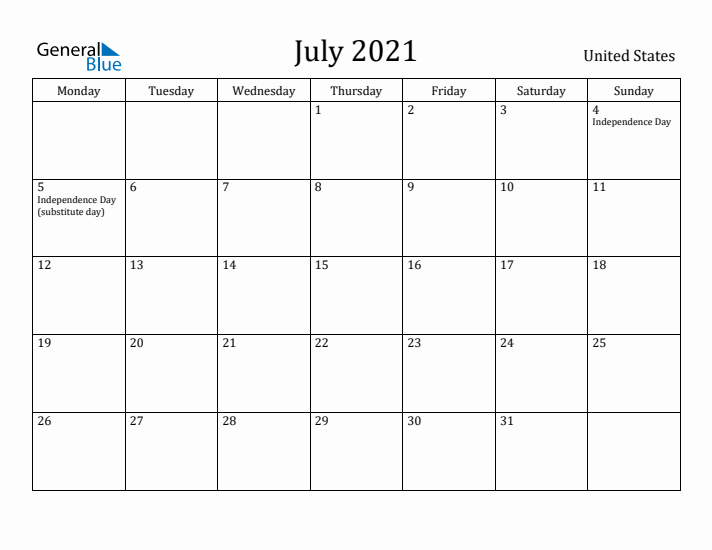 July 2021 Calendar United States